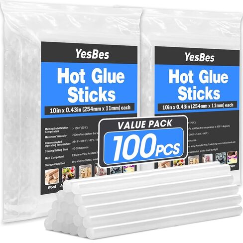 YesBes 100 Pack Full Size Clear Hot Glue Sticks, 10" Long x 0.43" Diameter, EVA Polymer, Ideal for Wood, Metal, Glass, Plastic, Fabric, Leather, Foam, and More in Saudi Arabia