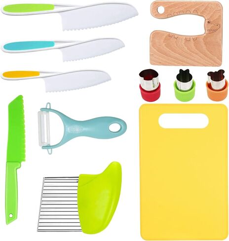 14 Pieces toddler knife, Kids Knife Set Include Wood Kids Safe Knife, Plastic Toddler Knife, Cutting Board, Apron, Y Peeler, Crinkle Cutter, Kitchen Sleeves Covers, Gloves, Sandwich Cutter in Kuwait