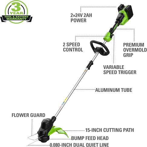 Greenworks 2 x 24V (48V) 15" String Trimmer .080" (200 FT) Trimmer Line, (2) 2.0Ah USB Batteries and 4A Dual Port Charger Included in Kuwait