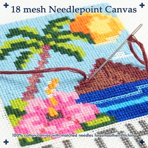 Kaitiaki 18 mesh Needlepoint Canvas Kit, 8 in Painted Canvas Set with Embroidery Floss, Needles, Guide Card, Instruction, Threader, Scissors & Project Bag for Crafter Gift(Sunny Island) in Saudi Arabia