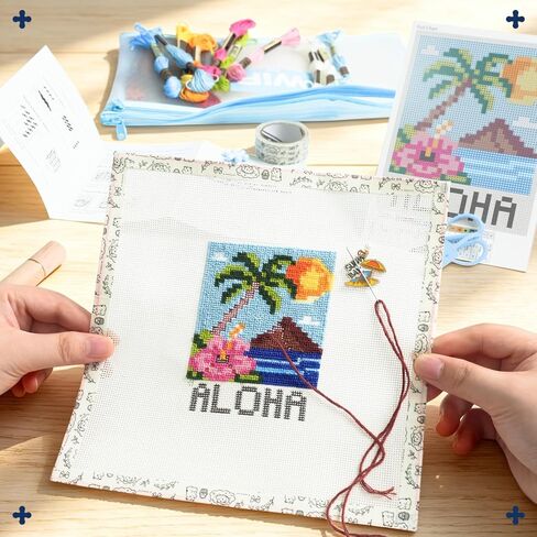 Kaitiaki 18 mesh Needlepoint Canvas Kit, 8 in Painted Canvas Set with Embroidery Floss, Needles, Guide Card, Instruction, Threader, Scissors & Project Bag for Crafter Gift(Sunny Island) in Saudi Arabia