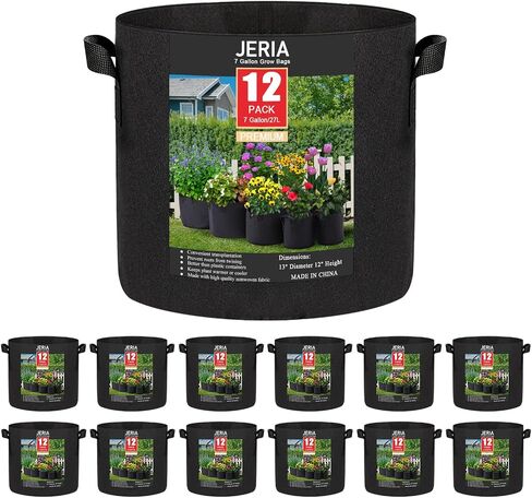 JERIA 12 عبوة سعة 10 جالون، أكياس نمو الخضروات/الزهور/النباتات، أوعية قماش للتهوية بمقابض (أسود)، تأتي مع 12 قطعة من ملصقات النباتات in Kuwait
