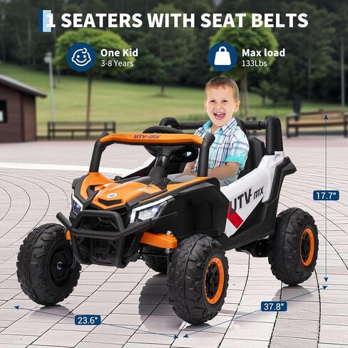 12V Kids Ride-On UTV Truck with Remote Control, 4WD/2WD Switchable, 4-Spring Suspension, EVA Tires, Safety Belt, Wireless Music & LED Lights for Ages 3-8 - Orange in Saudi Arabia
