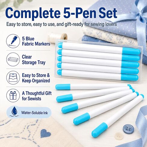 Fabric Markers for Sewing, 5 Pack Blue Washable Water Soluble Fabric Pens in Saudi Arabia