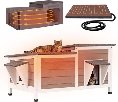 GUTINNEEN Extra Large Heated Cat House Outdoor Insulated Cat House 2-Section Weatherproof Feral Cat Shelter with Safe Heating Pad, 6-Sided Thermal Liner, Escape Doors for 1-6 Feral Barn Cats in Winter in Kuwait