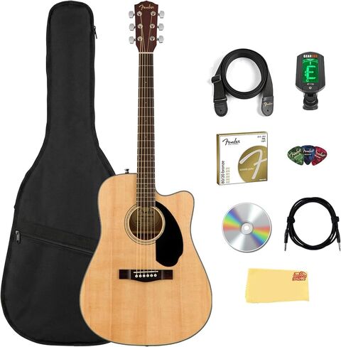 Fender CD-60SCE Solid Top Dreadnought Acoustic-Electric Guitar - All Mahogany Bundle with Hard Case, Instrument Cable, Tuner, Strap, Strings, Picks, and Austin Bazaar Instructional DVD in Saudi Arabia