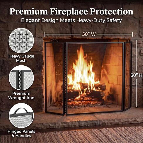 Plow & Hearth 3 Panel Flatguard Fireplace Screen, 50" W x 30" H, Black in Kuwait