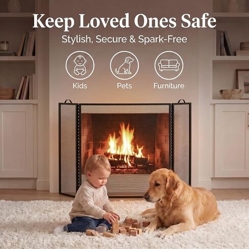 Plow & Hearth 3 Panel Flatguard Fireplace Screen, 50" W x 30" H, Black in Kuwait