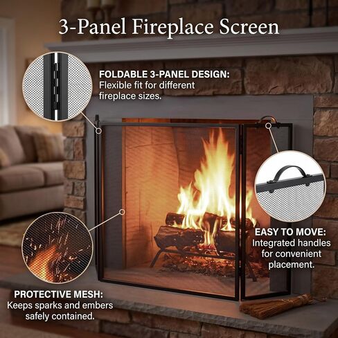 Plow & Hearth 3 Panel Flatguard Fireplace Screen, 50" W x 30" H, Black in Kuwait