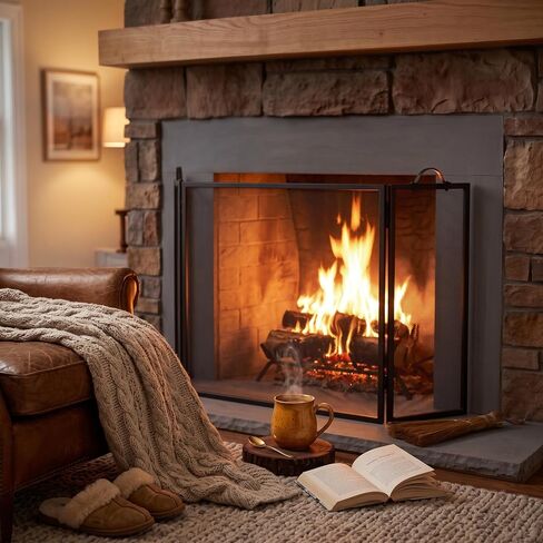 Plow & Hearth 3 Panel Flatguard Fireplace Screen, 50" W x 30" H, Black in Kuwait