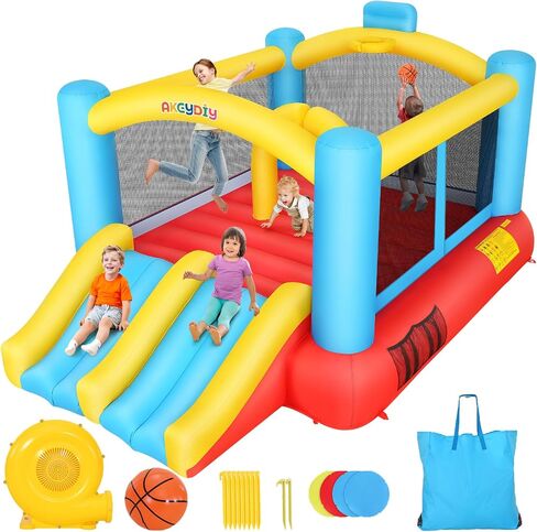 Bounce House, Inflatable Bounce House for Kids 3-12 with Blower Included, Indoor/Outdoor Kids Bouncy House with Slide Backyard, Blow up Jumping Castle with Wide Slide, Jumping Area, 2 Hoops in Kuwait