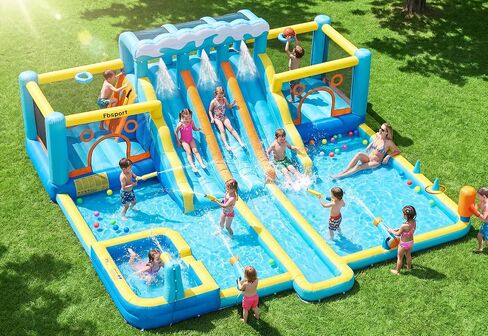 FBSPORT Inflatable Bounce House Water Slide, 3 Slides & 2 Bouncers 10-in-1 Water Slide Park Bounce House with 950W Blower, Bouncy Castle for Kids Backyard Party Outdoor, with Water Gun, Splash Pool in Kuwait
