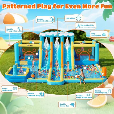 FBSPORT Inflatable Bounce House Water Slide, 3 Slides & 2 Bouncers 10-in-1 Water Slide Park Bounce House with 950W Blower, Bouncy Castle for Kids Backyard Party Outdoor, with Water Gun, Splash Pool in Kuwait