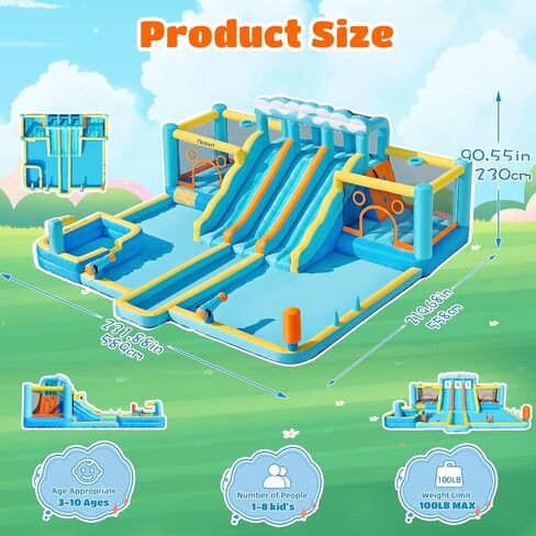 FBSPORT Inflatable Bounce House Water Slide, 3 Slides & 2 Bouncers 10-in-1 Water Slide Park Bounce House with 950W Blower, Bouncy Castle for Kids Backyard Party Outdoor, with Water Gun, Splash Pool in Kuwait