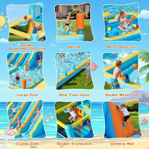FBSPORT Inflatable Bounce House Water Slide, 3 Slides & 2 Bouncers 10-in-1 Water Slide Park Bounce House with 950W Blower, Bouncy Castle for Kids Backyard Party Outdoor, with Water Gun, Splash Pool in Kuwait