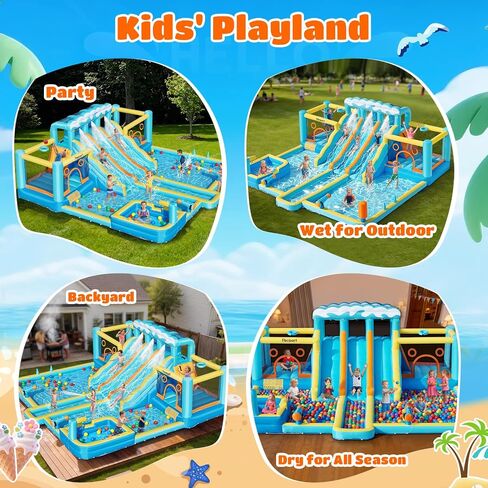 FBSPORT Inflatable Bounce House Water Slide, 3 Slides & 2 Bouncers 10-in-1 Water Slide Park Bounce House with 950W Blower, Bouncy Castle for Kids Backyard Party Outdoor, with Water Gun, Splash Pool in Kuwait
