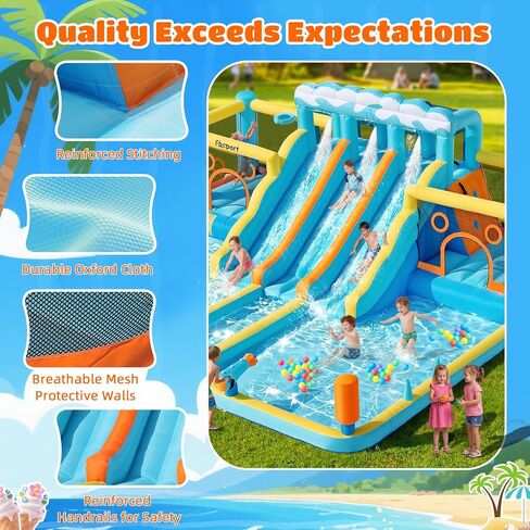 FBSPORT Inflatable Bounce House Water Slide, 3 Slides & 2 Bouncers 10-in-1 Water Slide Park Bounce House with 950W Blower, Bouncy Castle for Kids Backyard Party Outdoor, with Water Gun, Splash Pool in Kuwait