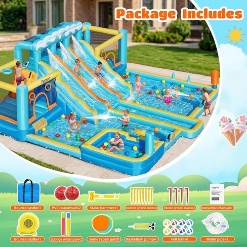 FBSPORT Inflatable Bounce House Water Slide, 3 Slides & 2 Bouncers 10-in-1 Water Slide Park Bounce House with 950W Blower, Bouncy Castle for Kids Backyard Party Outdoor, with Water Gun, Splash Pool in Kuwait