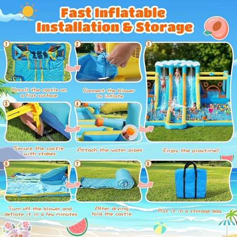 FBSPORT Inflatable Bounce House Water Slide, 3 Slides & 2 Bouncers 10-in-1 Water Slide Park Bounce House with 950W Blower, Bouncy Castle for Kids Backyard Party Outdoor, with Water Gun, Splash Pool in Kuwait