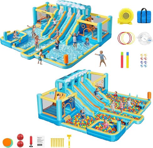 FBSPORT Inflatable Bounce House Water Slide, 3 Slides & 2 Bouncers 10-in-1 Water Slide Park Bounce House with 950W Blower, Bouncy Castle for Kids Backyard Party Outdoor, with Water Gun, Splash Pool in Kuwait