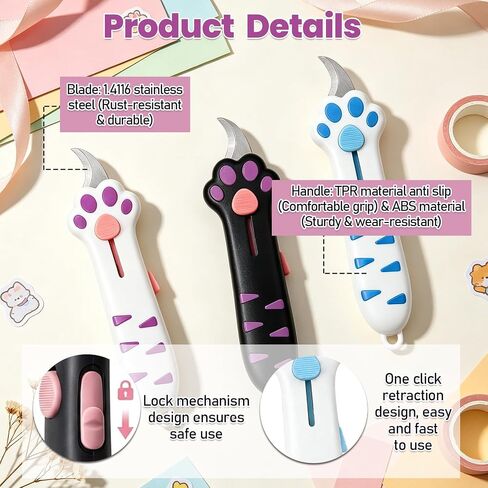 3PCS Cat Paw Box Cutter, Retractable Cat Claw Box Cutter, Safe Package Opener Tool for Home and Office Use, Ergonomic Silicone Handle Design in Kuwait