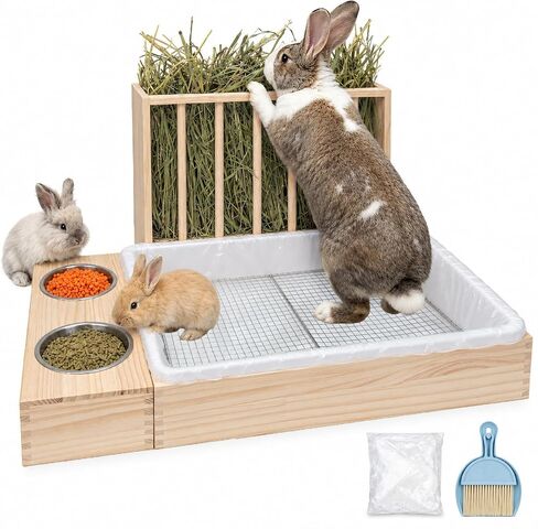 BESNEW Extra Large 3 in 1 Rabbit Hay Feeder with Litter Box,Upgraded Wooden Hay Feeder Set for Flemish Giant Angora Lop Other Adult Rabbit,Quick Cleaning & Large Capacity in Kuwait