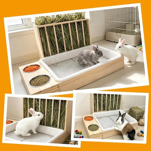 BESNEW Extra Large 3 in 1 Rabbit Hay Feeder with Litter Box,Upgraded Wooden Hay Feeder Set for Flemish Giant Angora Lop Other Adult Rabbit,Quick Cleaning & Large Capacity in Kuwait