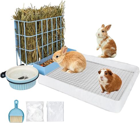 BESNEW 3 in 1 Guinea Pig Hay Feeder with Litter Box & Water Bowl,Training Potty Tray for Bunny & Piggy & Smaller Animals,Quick Cleaning,Easy to Install,Bite‑Resistant in Kuwait