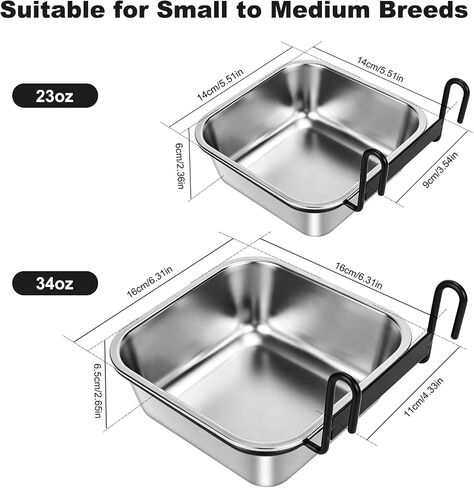 Dog Crate Bowls, 2 Pack Water Bowl for Dog Crate No Spill, 23oz & 34oz Kennel Cage Mounted Stainless Steel Dog Bowls, Square Hanging Pet Water Food Bowl Dish for Puppy Cat Rabbit Bunny Guinea Pig in Saudi Arabia
