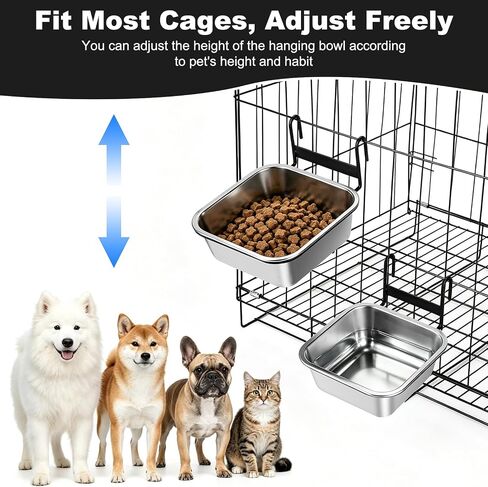 Dog Crate Bowls, 2 Pack Water Bowl for Dog Crate No Spill, 23oz & 34oz Kennel Cage Mounted Stainless Steel Dog Bowls, Square Hanging Pet Water Food Bowl Dish for Puppy Cat Rabbit Bunny Guinea Pig in Saudi Arabia