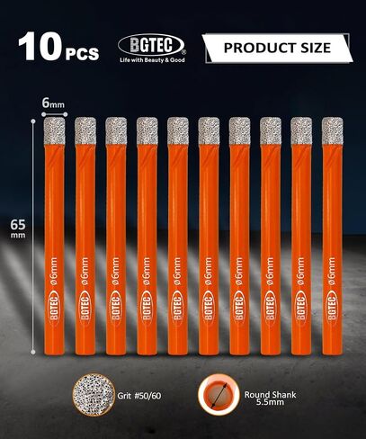 مجموعة لقم مثقاب الماس الجاف من BGTEC، 10 قطع 1/4 بوصة 6 مم منشار ثقب البلاط | للجرانيت والرخام والبناء والخرسانة والبلاط/السيراميك والزجاج والبلاستيك الصلب ومجموعة لقم الثقب الأساسية الماسية النحاسية بالفراغ in Kuwait