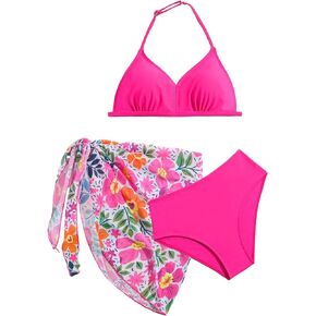 WDIRARA Girl's 3 Piece Swimsuit Bathing Suit Halter Backless Swimwear Set with Floral Print Cover Up Skirt