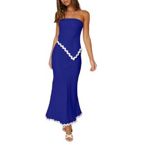 ECHOINE Beach Vacation Midi Dress Set 2024 Summer 2 Piece Sets Sleeveless Irregular Tube Top and Flowy Maxi Skirt Outfits