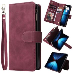 ZZXX Samsung Galaxy Z Fold 4 Case Wallet with [RFID Blocking] Card Slot Soft PU Leather Zipper Flip Folio with Wrist Strap Protective Cover for Galaxy Z Fold 4 Wallet Case(Black-7.6 inch)