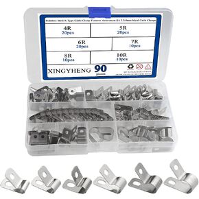 XINGYHENG 90pcs Stainless Steel R-Type Cable Clamps Fastener Assortment Kit 3.2-9mm Metal Cable Clamps for Wire Tube Plastic Wire Cord Clip Fixer Wire Management