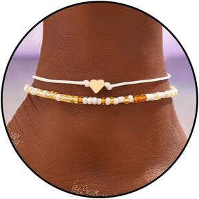 Handmade Beaded Anklets for Women Gold Heart Anklet Chain Boho White Beaded Ankle Bracelets Adjustable Beach Foot Anklet Set Summer Jewelry Gifts for Women Girls