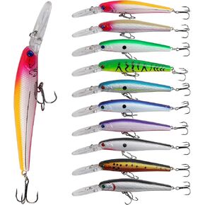 Fishing Lures Hard Baits, 10pcs Minnow Lures Set Deep Diving Swimbait Lifelike Trolling Lures Walleye Fishing Lures with Treble Hook 3D Eyes for Bass Trout Catfish Redfish Pike