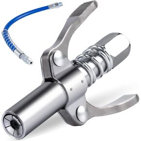 UYYE Double Handle Grease Gun Coupler, Quick Lock Release Grease Tips Ends Couplers, 10000 PSI Duty Grease Tips with Flexible Tube, Compatible with All Grease Guns 1/8" NPT Tip Accessories, 1PC