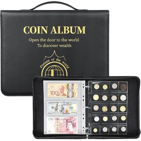 3 in 1 Coin Collection Holder Album Book for Collector, 370 Pockets Coin Collection Supplies for Coin Paper Money Currency Bill, Coin Collecting Storage Book with Zipper and Handle