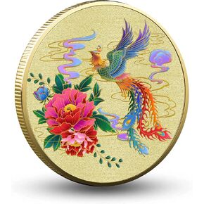 عملة الحظ الذهبية من Blooming Floral Phoenix - تأتي مع حافظة واقية شفافة - أداة خدش تذكرة اليانصيب - عملة التحدي الصينية للحظ السعيد in Kuwait