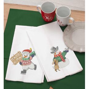 Leisure Arts Tea Towel 17"x28" Snowman 2pc, Towel Set, Embroidery kit, Bathroom Hand Towels, Kitchen Towel, Cross Stitch Kits, Stamped Cross Stitch Kits