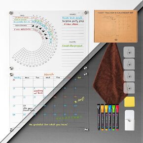 Acrylic Calendar and Habit Tracker Set - Clear Magnetic Calendar for Fridge - Clear Magnetic Planner for Refrigerator - Acrylic Dry Erase Board for Wall with pens, holder, eraser - The Goal Tracker
