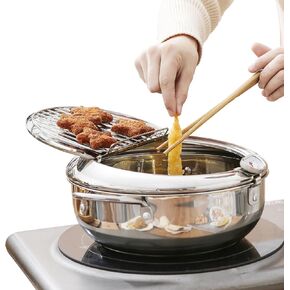 Deep Fryer Pot (°C), 11"/4.4Qt (4.2 L) Extra Large Tempura Frying Pot with Lid, 304 Stainless Steel Fry Pot with Temperature Control and Oil Drip Drain Rack