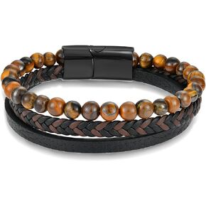 Mens Leather Tiger-Eye Beads Braided Bracelet, Triple Row Wristband Braided Cuff Lava Rock Beaded Natural Stone Bangle Bracelet Gift for Men, 8.3 Inch