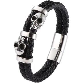 Skull Bracelet with Braided Leather, Black/Silver Skeleton Bracelet, Stainless Steel Mens Punk Jewelry