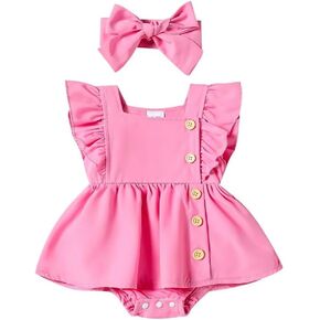 Baby Girl Summer Clothes Toddler Infant Girls Ruffled Sleeves Romper Dress Cut Outfits Set with Headband 0-18 Months