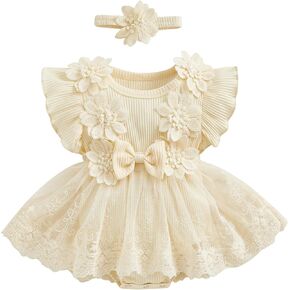 Toddler Baby Girl Summer Clothes Mesh Tutu Romper Dress Sleeveless Lace Dress with Headband