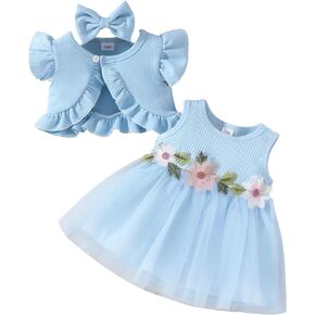 Baby Girl Flower Dresses and Cardigan Set Sleeveless Playwear Dress Ruffle Cropped Bolero Shrug with Headband Outfits