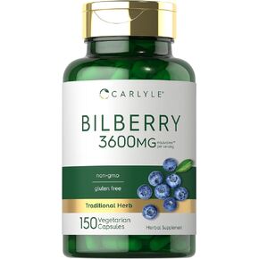 Bilberry Extract Capsules | 3600mg | 200 Count | Vegetarian, Non-GMO, Gluten Free Fruit Supplement | by Carlyle