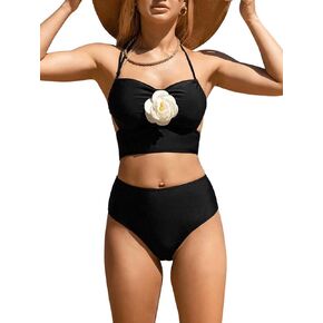 OYOANGLE Women's 2 Piece 3D Rose Lace Up Tie Back Bikini Swimsuit High Waisted Tankini Bathing Suits